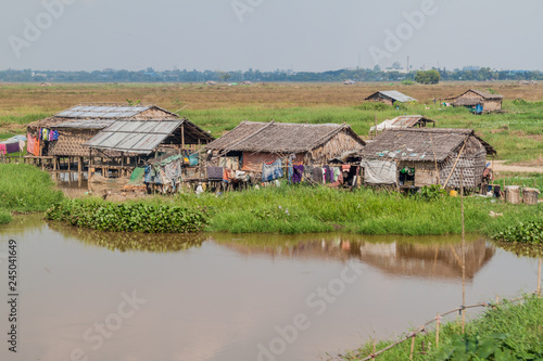Fields and houses in a suburbs of Yangon, Myanmar