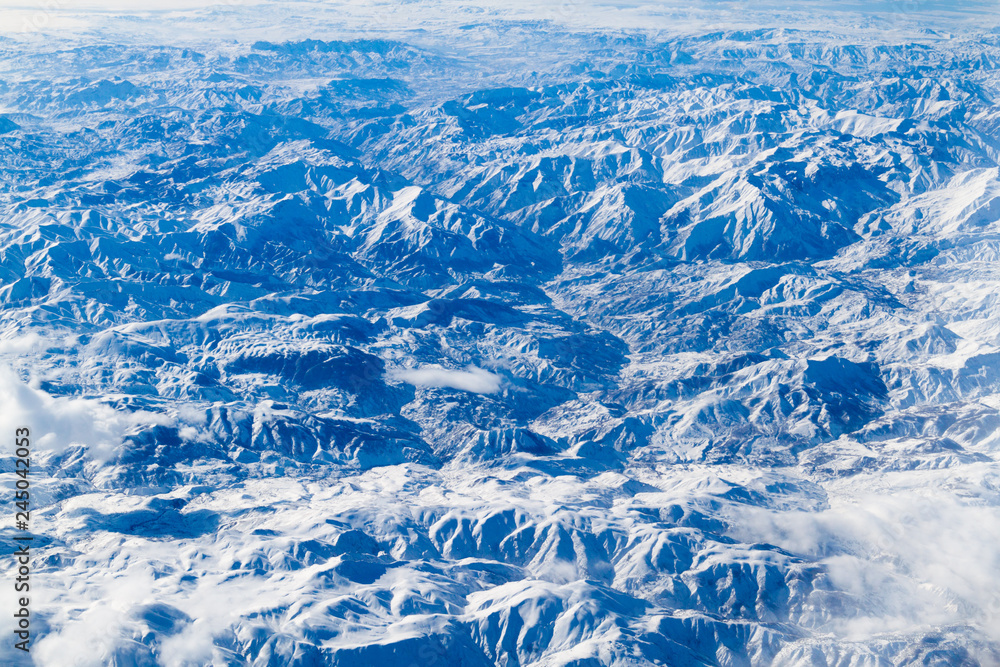 Aerial view of snow covered mountains in northeastern Iran