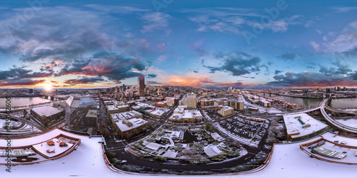 Snowy Portland downtown sunrise aerial 360 by 180 photosphere photo