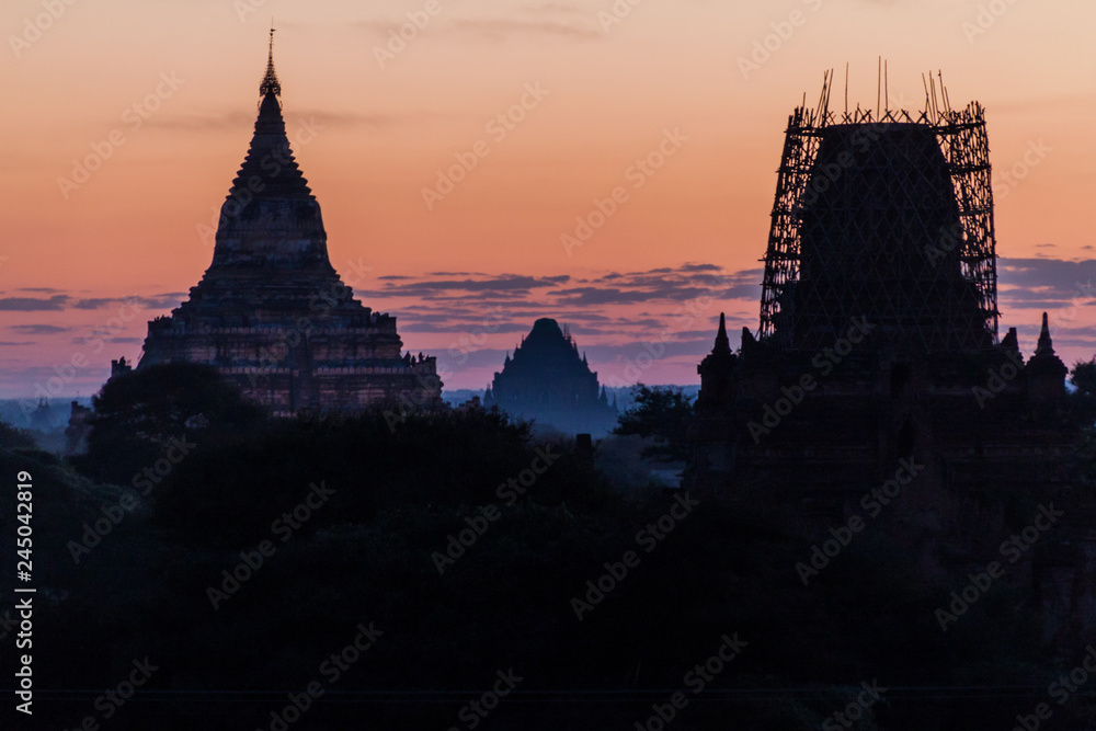 Early morning light skyline of Bagan, Myanmar. Sulamani temple and Shwesandaw pagoda.
