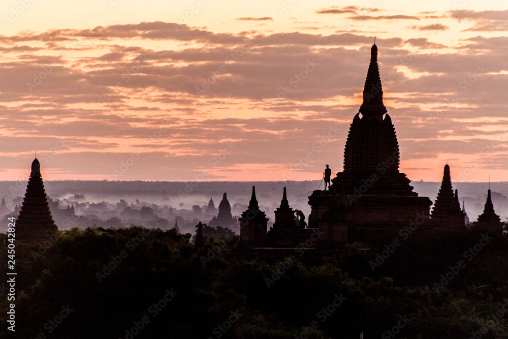 Early morning light skyline of Bagan, Myanmar. Myauk Guni Temple.