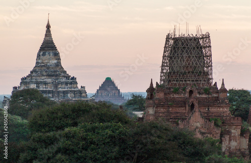 Early morning light skyline of Bagan  Myanmar. Sulamani temple and Shwesandaw pagoda.