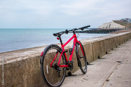 Bicycle leaning against a wall with ocean background
