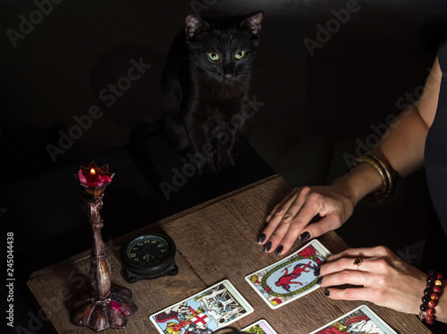 The fortune teller lays out on a wooden table the tarot cards by the light of a lantern and a candle. Black cat sitting near the table. Selective focus.