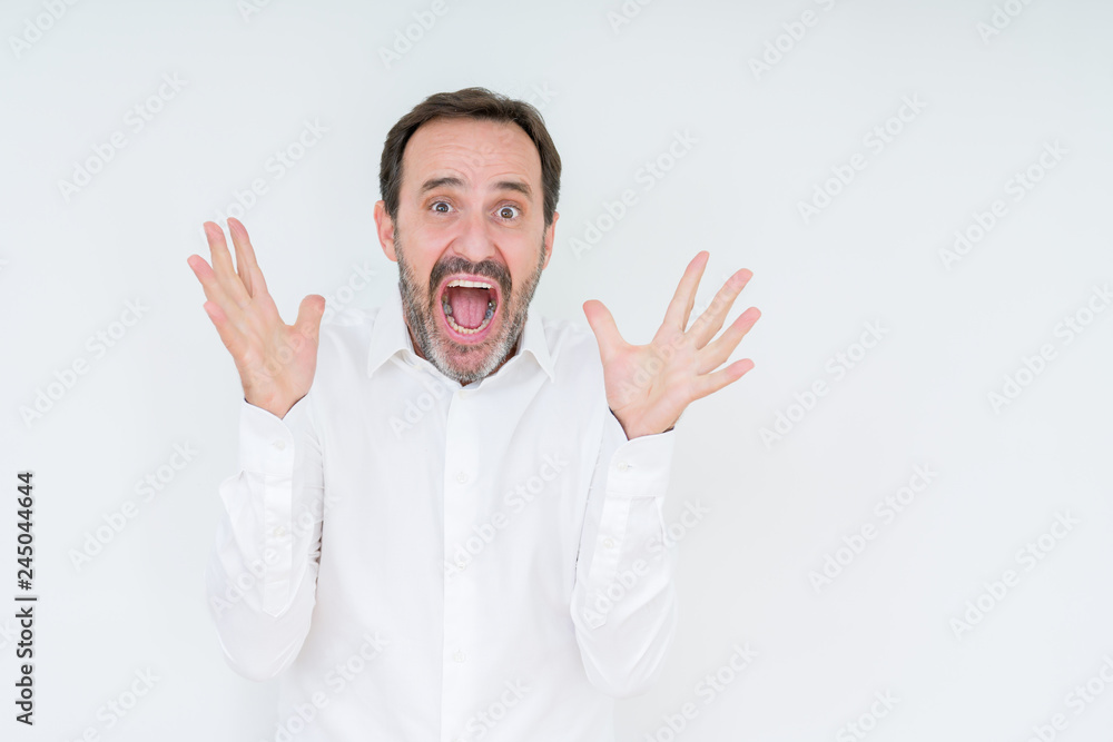 Fototapeta premium Elegant senior man over isolated background celebrating crazy and amazed for success with arms raised and open eyes screaming excited. Winner concept