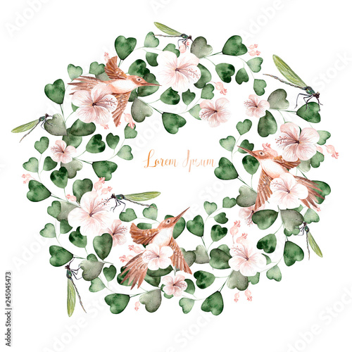 Watercolor tropical wreath with hibiscus flowers, eucalyptus leaves, dragonfl...