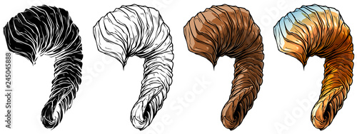 Cartoon graphic colorful detailed big sharp ram horns or antlers. Hunting trophy. Isolated on white background. Vector icon set.