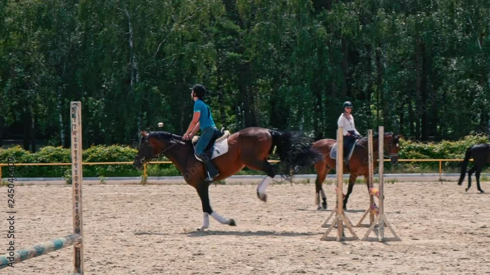 Young woman on horse jumping over obstacles. Slow motion. Training horses before the competition. Horse Racing. Horse breeding. Farm. Horseman. Rider, equestrian, jockey Young woman on horse jumping over obstacles. Slow motion. Training horses before the competition. Horse Racing. Horse breeding. Farm. Horseman. Rider, equestrian, jockey