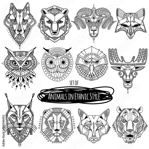 Set of 12 drawings of wild animals in ethnic style. Vector hand drawn illustration, totem, tattoo design, ethnic logo