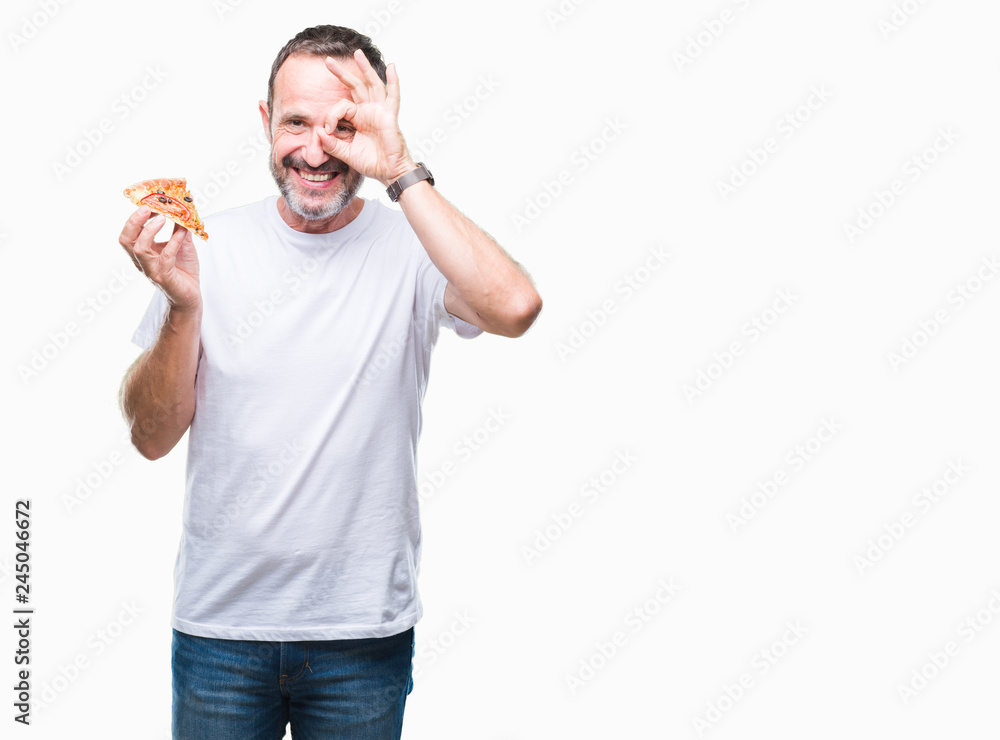 Middle age hoary senior man eating pizza slice over isolated background with happy face smiling doing ok sign with hand on eye looking through fingers Middle age hoary senior man eating pizza slice over isolated background with happy face smiling doing ok sign with hand on eye looking through fingers