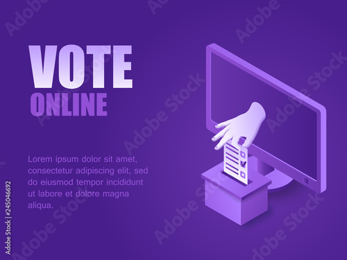 Hand from screen computer putting voting paper in the ballot box isometric