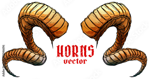 Cartoon colorful detailed big sharp spiral animal horns or antlers. Hunting trophy. Isolated on white background. Vector icon.