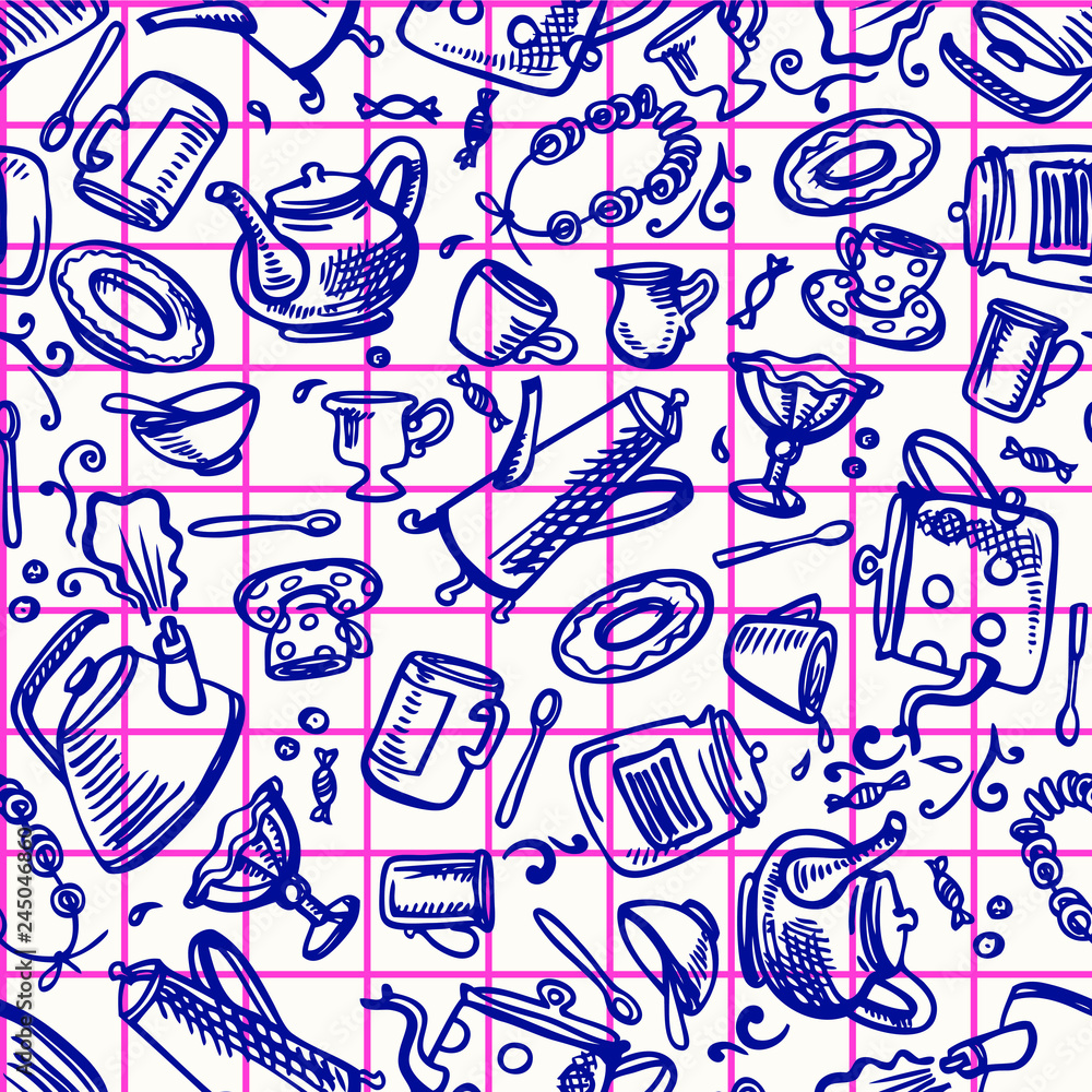 Seamless vector pattern with crockery and cutlery sketches on checked background. Kitchenware: kettle, cup, teapot, spoon, plates, coffee pot, vase, jar, sweets. Doodle style Seamless vector pattern with crockery and cutlery sketches on checked background. Kitchenware: kettle, cup, teapot, spoon, plates, coffee pot, vase, jar, sweets. Doodle style