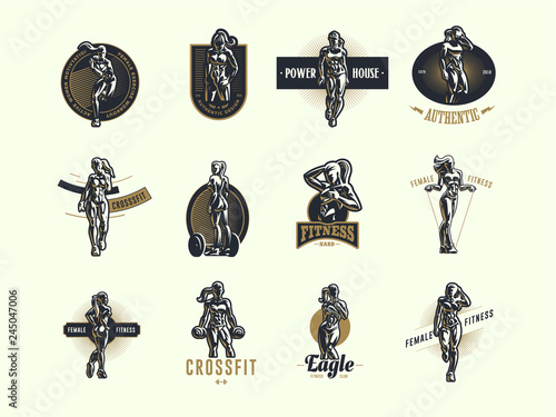 Woman fitness emblem set.
