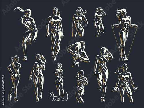 Woman fitness emblem set.