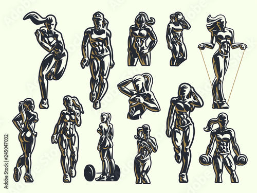 Woman fitness emblem set.