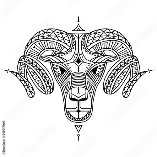 Ethnic style Aries' head vector illustration. Outline isolated