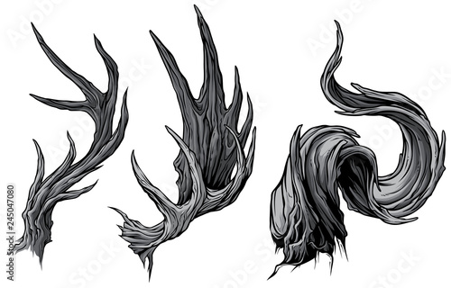 Cartoon graphic detailed big sharp moose or deer horns or antlers. Hunting trophy. Isolated on white background. Vector icon set.