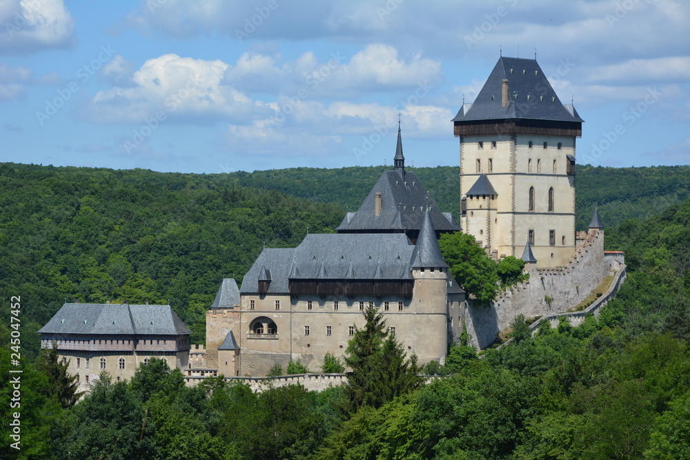 Karlstejn Castle is a large Gothic castle founded 1348 CE by Charles IV, Holy Roman Emperor-elect and King of Bohemia.