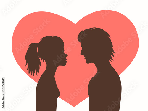 Silhouettes girl and guy on background red heart.