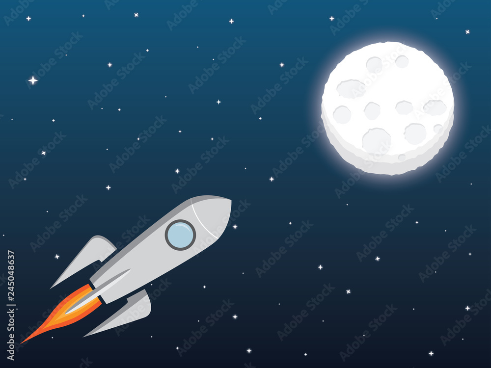 A rocket spaceship to the moon in cartoon style. Spacecraft, space, moon  and stars. Space background vector illustration. Stock Vector | Adobe Stock