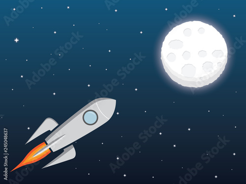 A rocket spaceship to the moon in cartoon style. Spacecraft, space, moon and stars. Space background vector illustration.