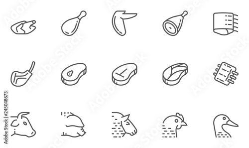 Meat Vector Line Icons Set. Pork, Beef, Goose, Chicken, Duck, Lamb, Steak, Spare Ribs. Editable Stroke. 48x48 Pixel Perfect.