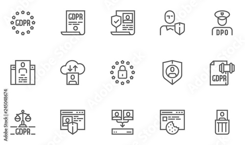 GDPR Line Icons Set. General Data Protection Regulation, Data Protection Officer, DPO. Collection, Processing, Storage and Deletion of Personal Data. Editable Stroke. 48x48 Pixel Perfect. © kuroksta