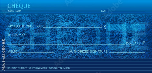 Check, Cheque (Chequebook template). Guilloche pattern with abstract line watermark. Background hi detailed for banknote, money design, currency, bank note, Voucher, Gift certificate, Money coupon