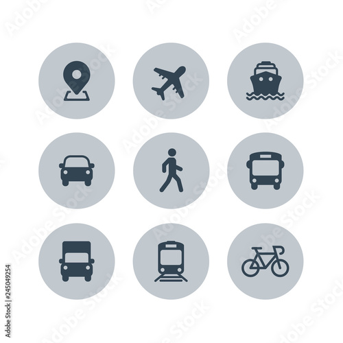 Transport icons. Airplane, Public bus, Train, Ship/Ferry, Car, walk man, bike, truck and auto signs. Shipping delivery symbol. Air mail delivery sign. Vector