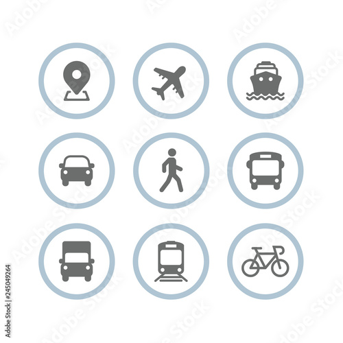 Transport icons. Airplane, Public bus, Train, Ship/Ferry, Car, walk man, bike, truck and auto signs. Shipping delivery symbol. Air mail delivery sign. Vector