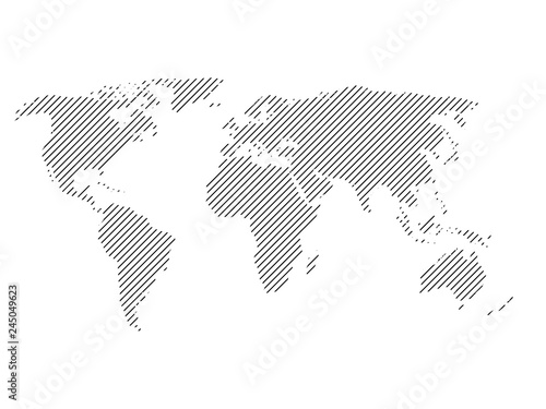 Hatched map of world. Striped design vector illustration on white background.