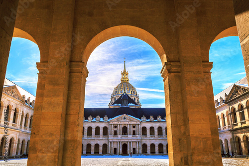 Main courtyard of Les Invalides (National Residence of Invalids) in Paris. Facade of church. French baroque architecture. Museums and monuments, military history of France. photo