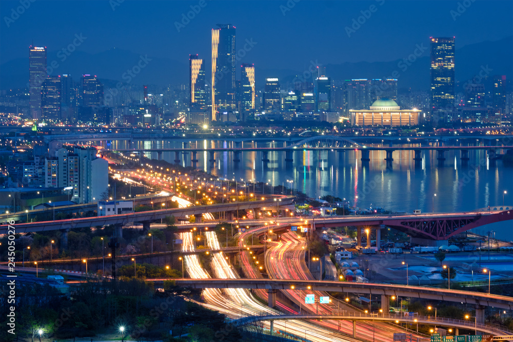 Seoul cityscape in twilight, South Korea.