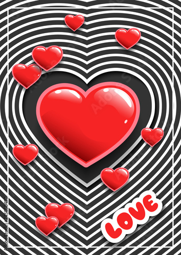 Poster for Valentine's Day or weddings with hearts.  Stickers  for a party. Greeting card. Paper cut background. Vector  template