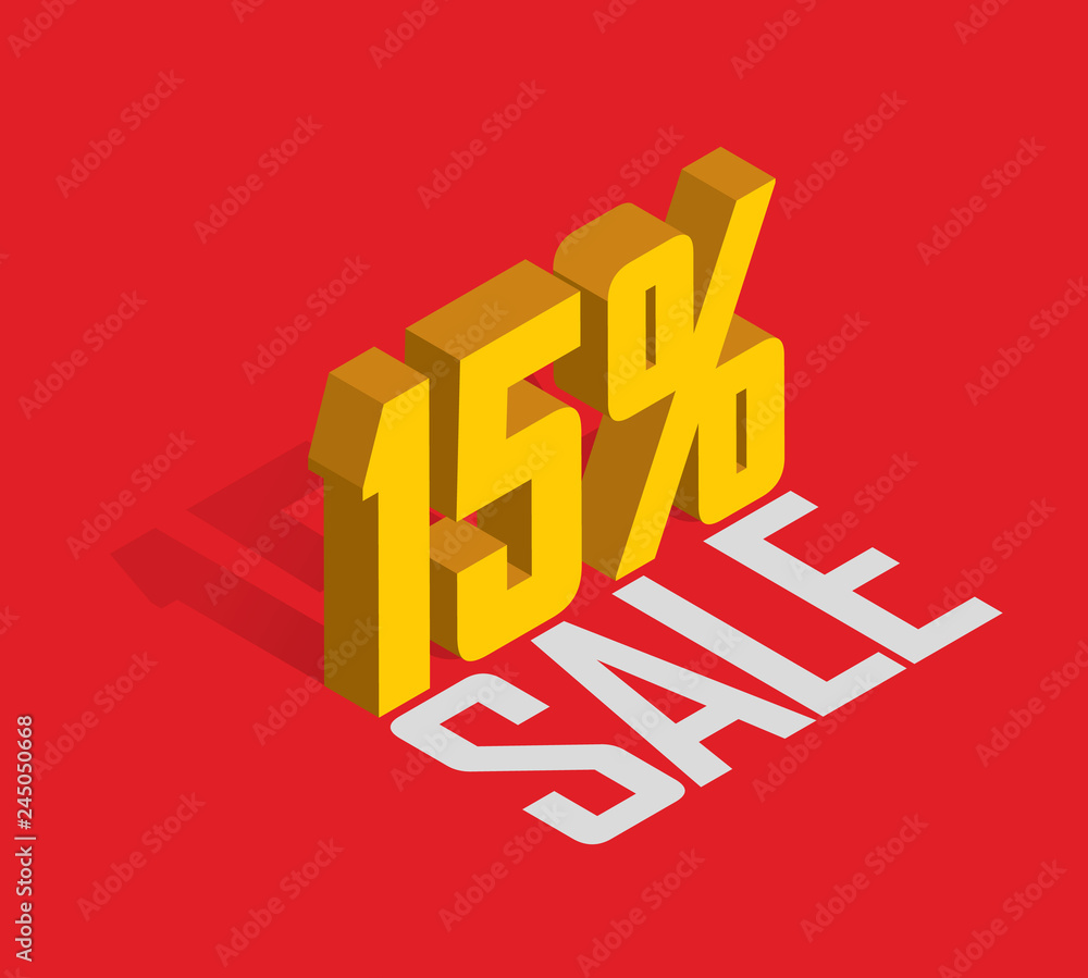 15% percent off, sale, golden-yellow isometric object 3D. Isolated background. Eps10 Vector. 15% percent off, sale, golden-yellow isometric object 3D. Isolated background. Eps10 Vector.