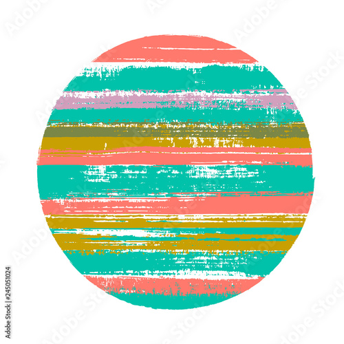 Abrupt circle vector geometric shape with stripes texture of paint horizontal lines. Planet concept with old paint texture. Badge round shape logotype circle with grunge stripes background.