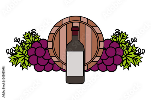 wine bottle wooden barrel grapes