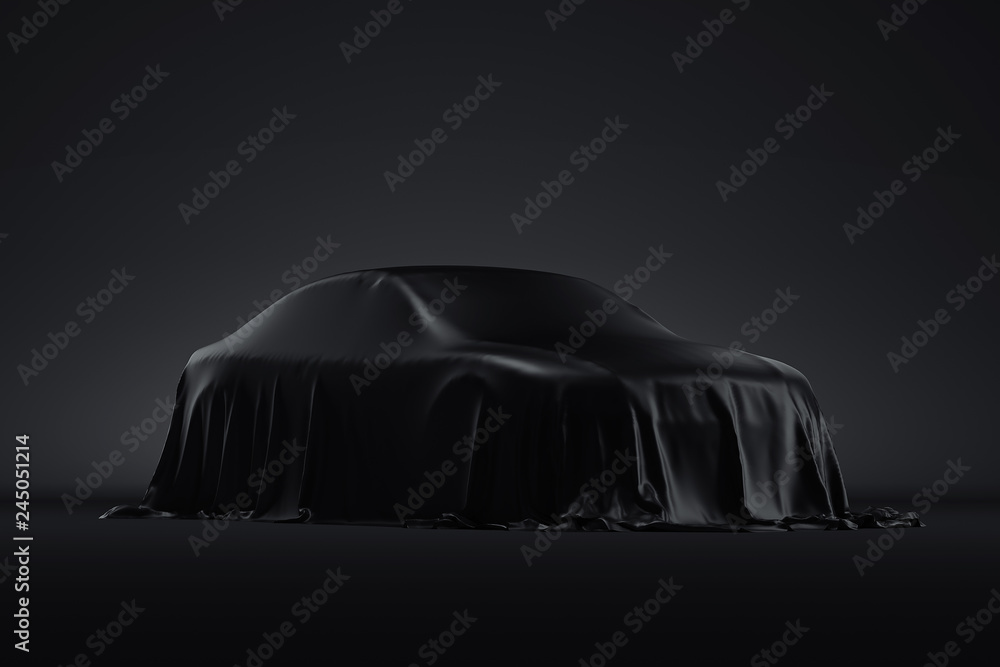 Obraz premium Prezentacja samochodu pokrytego czarną tkaniną. Renderowania 3d