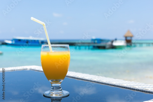 Fruity welcome drink on tropical vacation