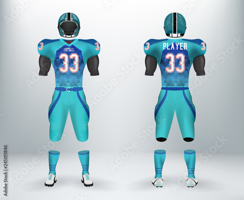 3D realistic of font and back of blue American rugby football jersey uniforms sets. Concept for American football apparel mock up for collage championships in vector illustration