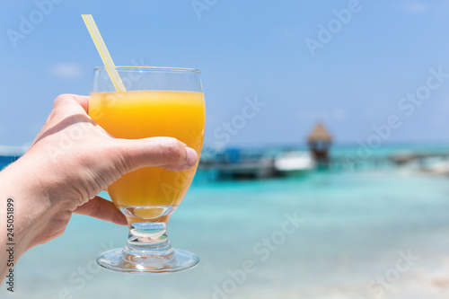 Fruity welcome drink on tropical vacation