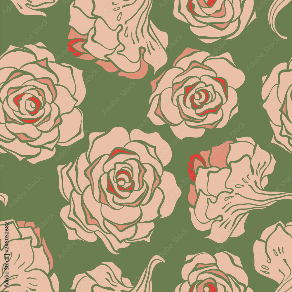 Floral seamless pattern on green. Vector background