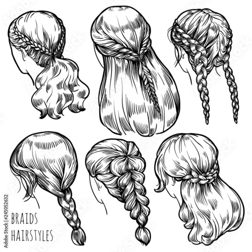 Set of 6 women's braids hairstyles. Vector isolated sketch style illustration. Hand drawn