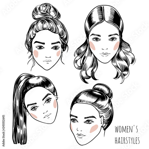 Set of sketch portraits of women with different hairstyles. Vector hand drawn isolated illustration