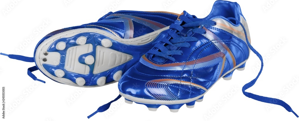 Blue and White Football shoes and Soccer Ball, Isolated - obrazy, fototapety, plakaty 