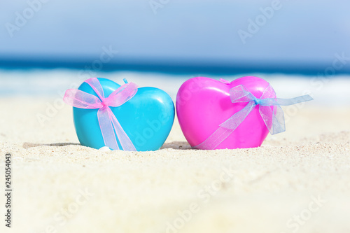 Valentines day card  hearts on beach