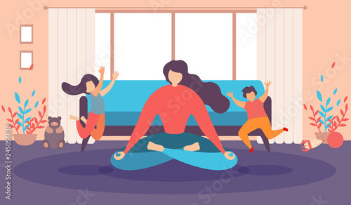Mother in Lotus Pose in Living Room Flat Vector