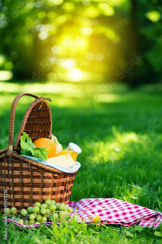Picnic basket with vegetarian food in summer park