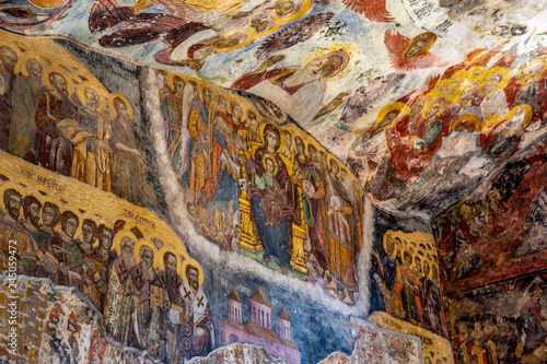 Macka, Trabzon, Turkey - August 3, 2014; Sumela monastery courtyard under the rock. Remains of old fresco are seen on several walls.Macka, Trabzon, Turkey. photo